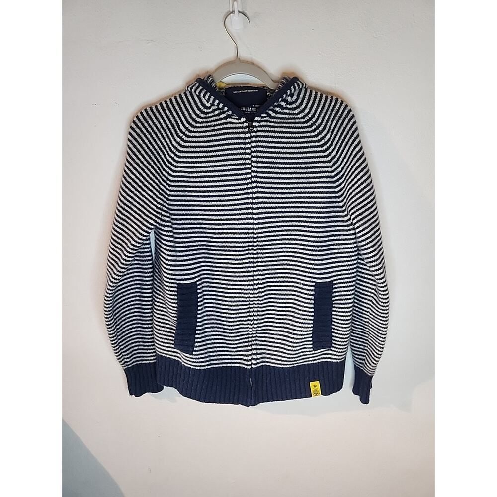 Nautica Womens Wool Blue Striped Hoodie Jacket Coat Full Zip Size Medium